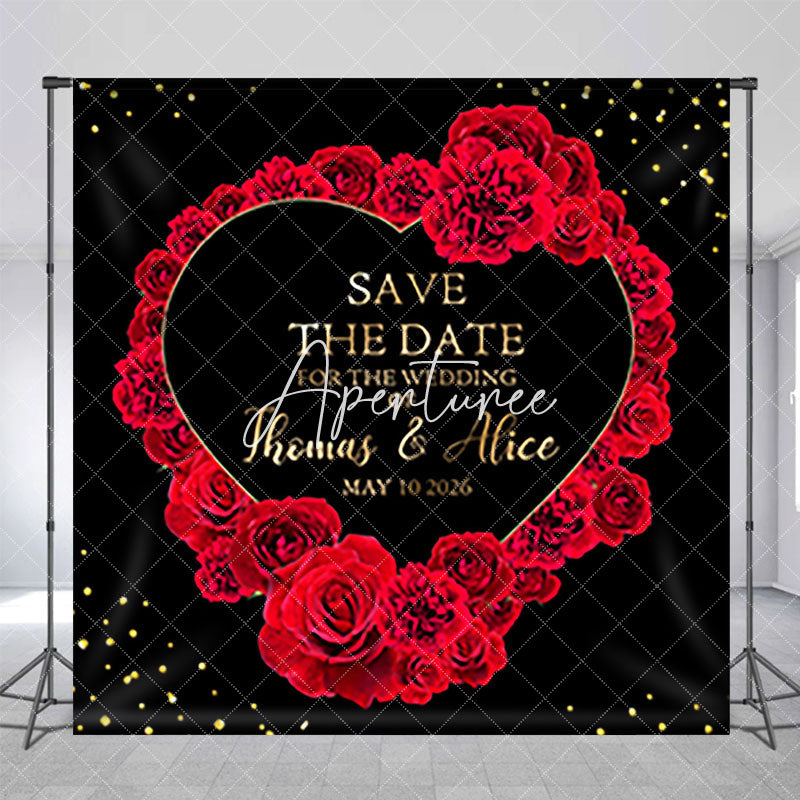 Aperturee - Aperturee Black Red Rose Heart Custom Name Wedding Backdrop