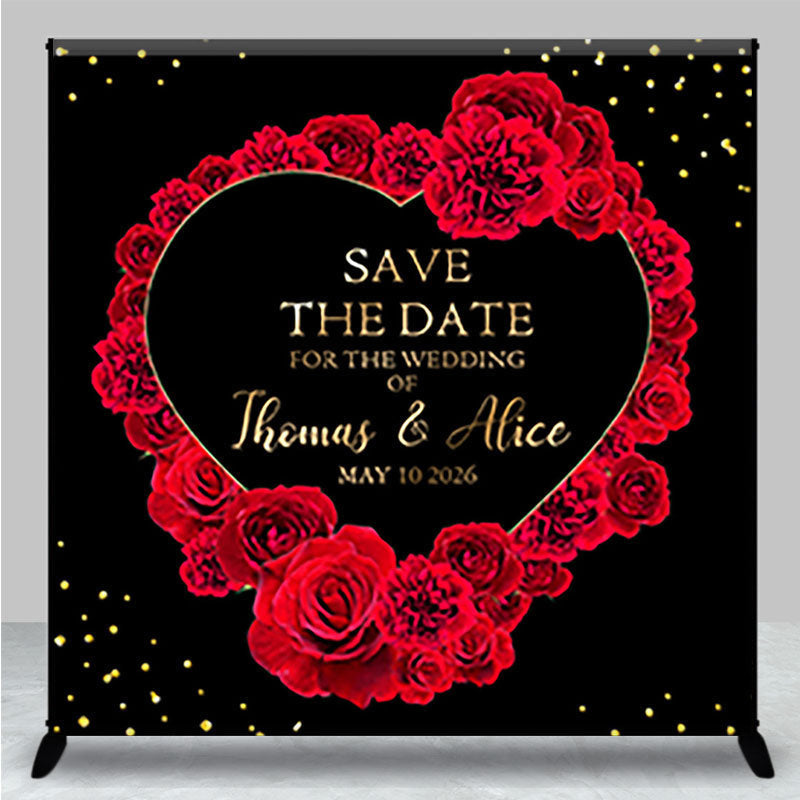 Aperturee - Aperturee Black Red Rose Heart Custom Name Wedding Backdrop