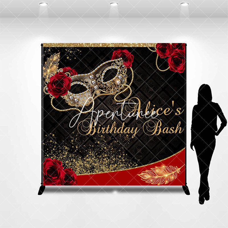 Aperturee - Aperturee Black Red Rose Mask Custom Name Birthday Backdrop