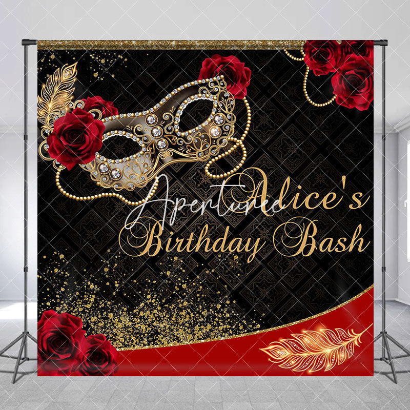 Aperturee - Aperturee Black Red Rose Mask Custom Name Birthday Backdrop