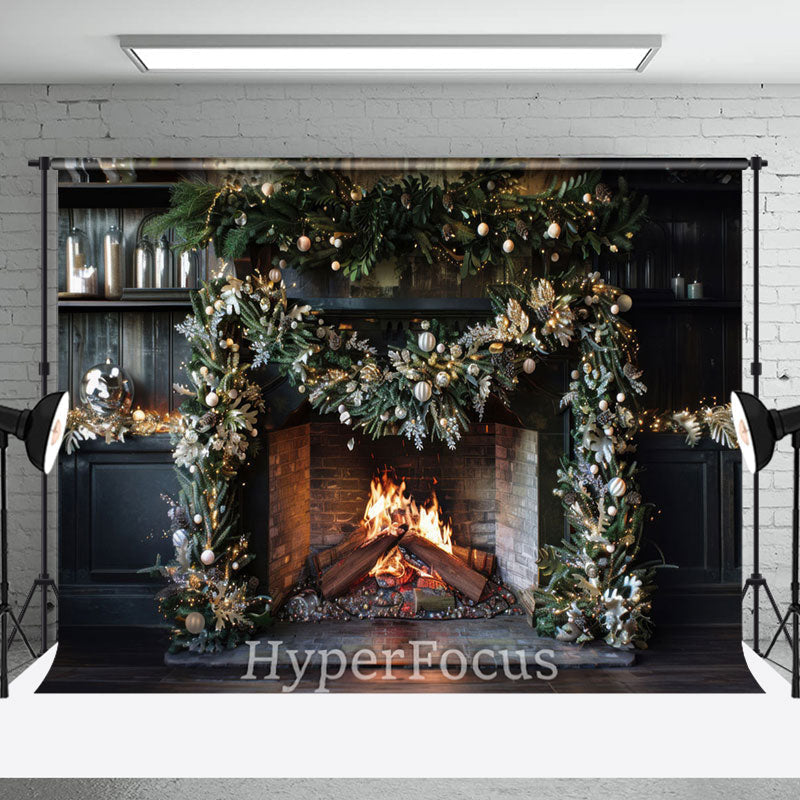 Aperturee - Aperturee Black Retro Fireplace Pine Leaves Christmas Backdrop