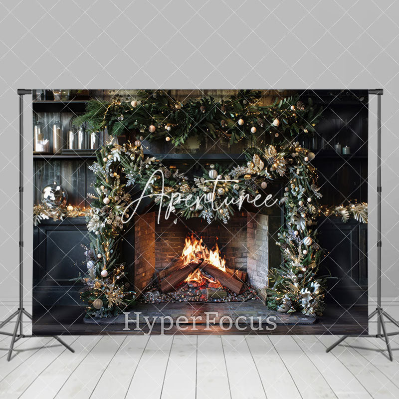 Aperturee - Aperturee Black Retro Fireplace Pine Leaves Christmas Backdrop