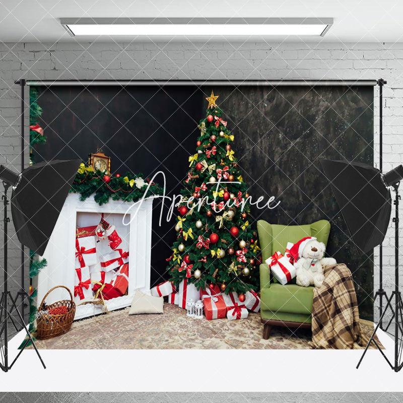 Aperturee - Aperturee Black Room White Fireplace Christmas Photo Backdrop