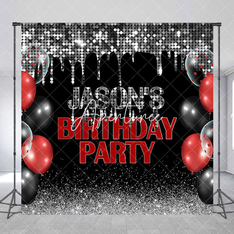 Aperturee - Aperturee Black Silver Balloons Custom Name Birthday Backdrop