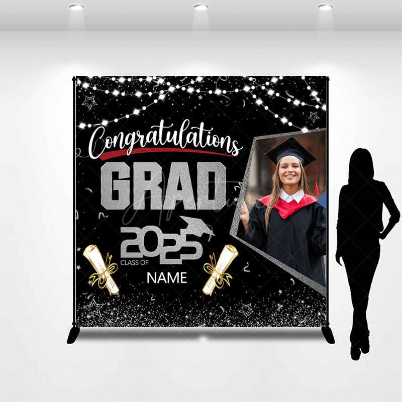 Aperturee - Aperturee Black Silver Custom Name Photo Congrats Grad Backdrop