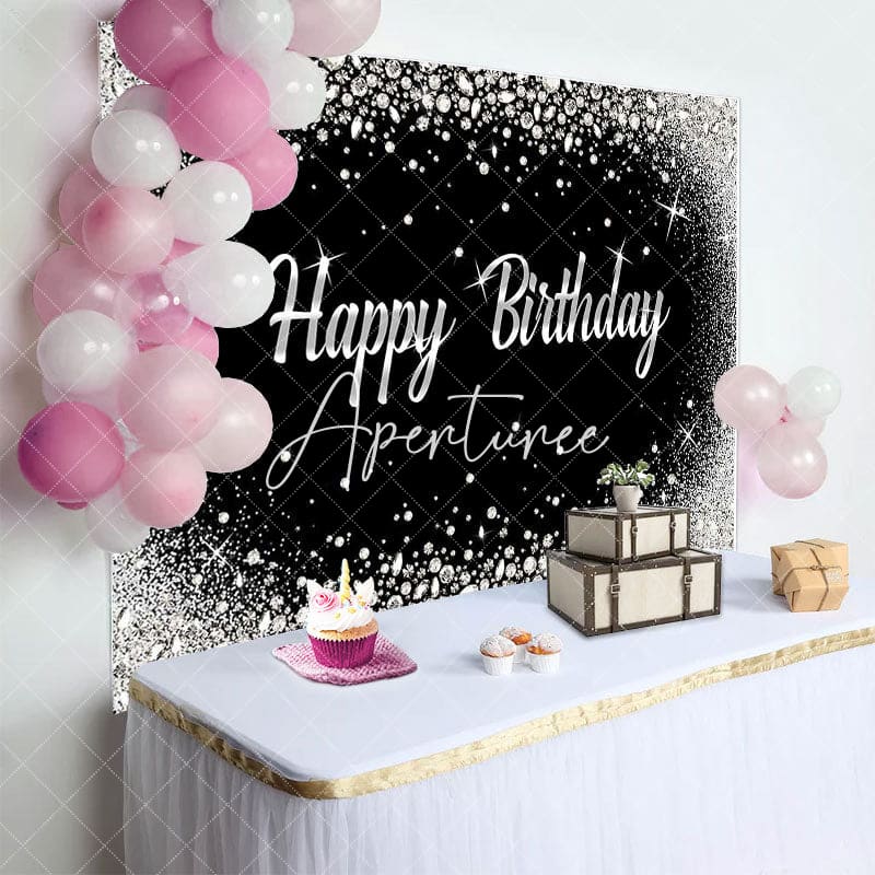 Aperturee - Aperturee Black Silver Diamonds Sparkle Happy Birthday Backdrop