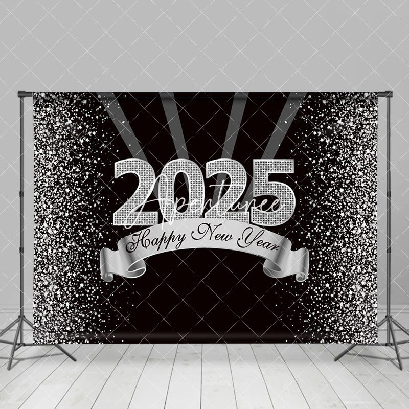 Aperturee - Aperturee Black Silver Glitter 2025 Happy New Year Backdrop