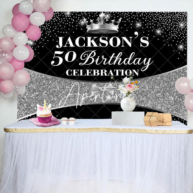 Aperturee - Aperturee Black Silver Glitter Crown 50th Birthday Backdrop