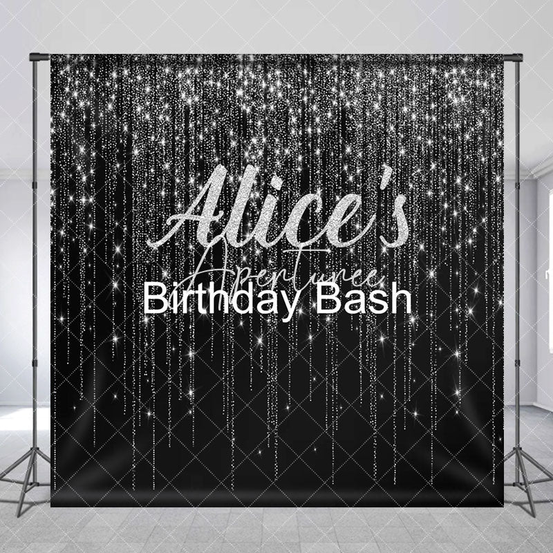 Aperturee - Aperturee Black Silver Glitter Custom Name Birthday Backdrop