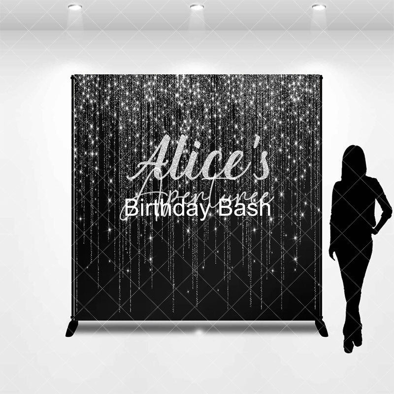 Aperturee - Aperturee Black Silver Glitter Custom Name Birthday Backdrop