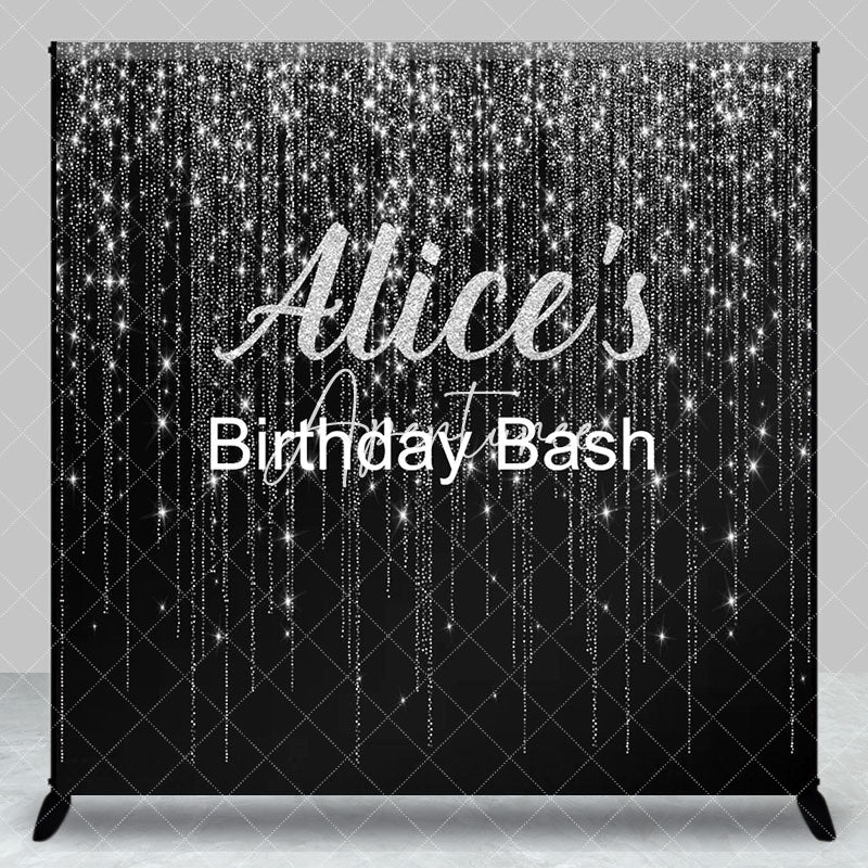 Aperturee - Aperturee Black Silver Glitter Custom Name Birthday Backdrop