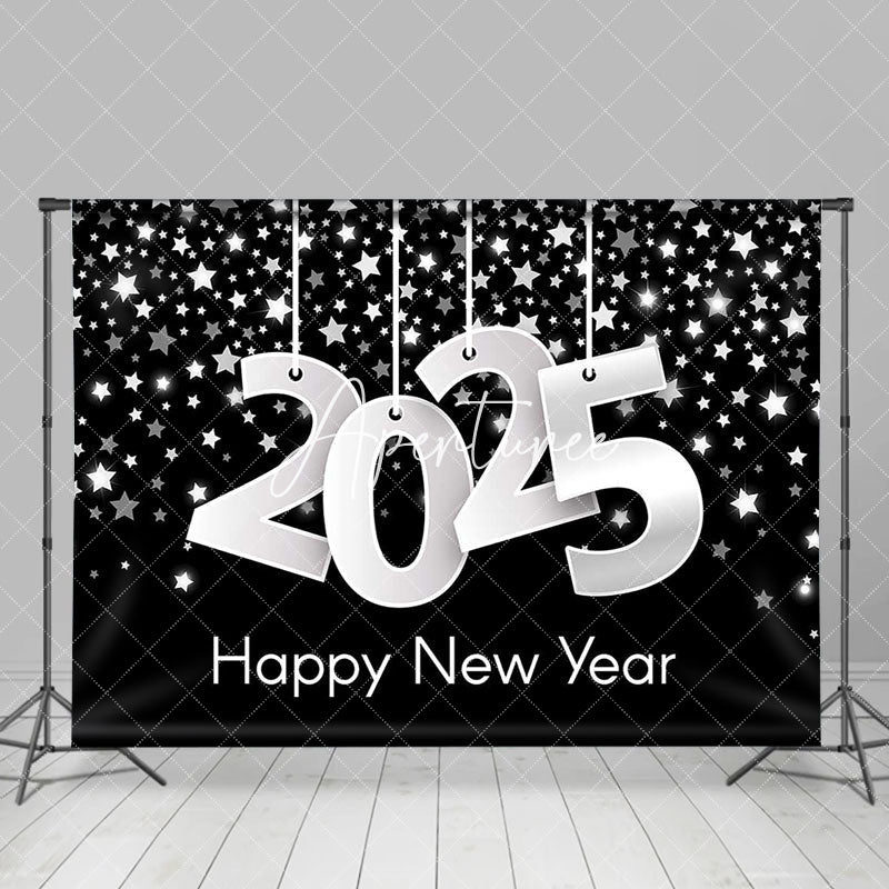 Aperturee - Aperturee Black Silver Stars 2025 Happy New Year Backdrop