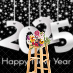 Aperturee - Aperturee Black Silver Stars 2025 Happy New Year Backdrop