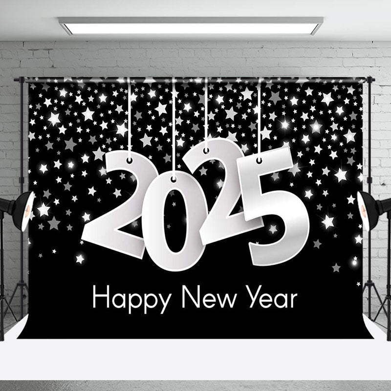 Aperturee - Aperturee Black Silver Stars 2025 Happy New Year Backdrop