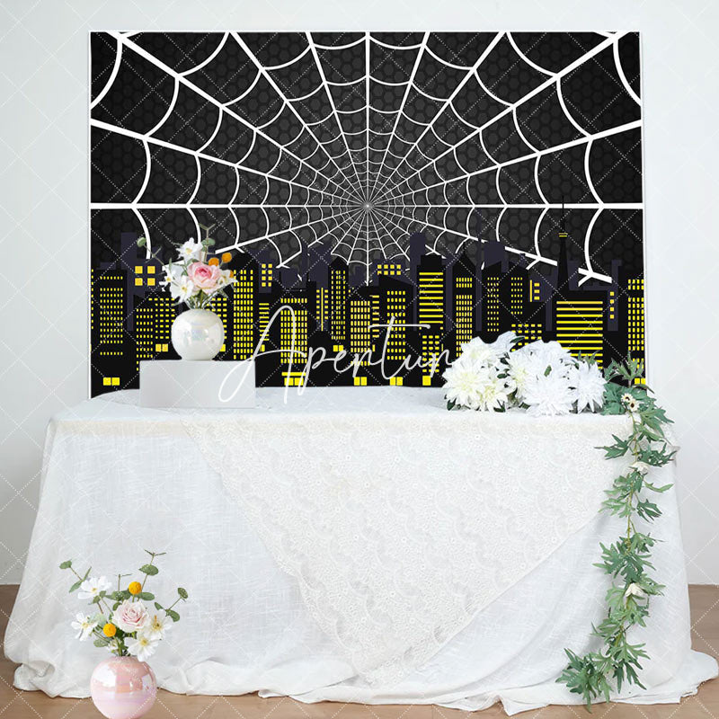 Aperturee - Aperturee Black Spider Wab City Night Scene Birthday Backdrop