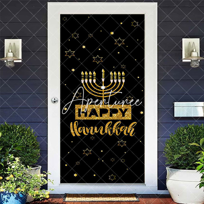 Aperturee - Aperturee Black Stars Jewish Menorah Happy Hanukkah Door Cover