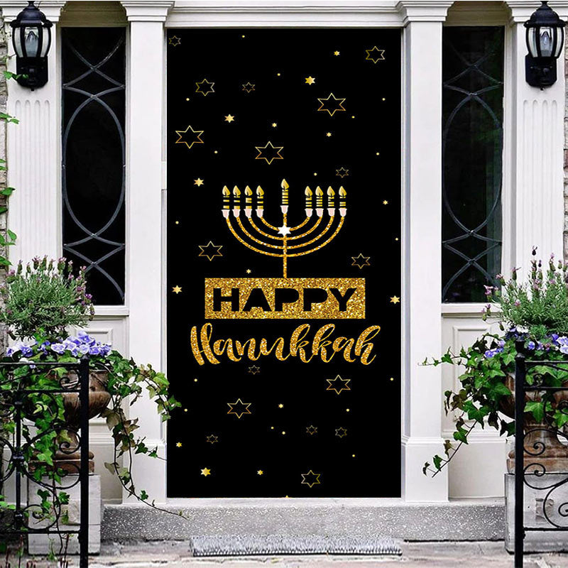 Aperturee - Aperturee Black Stars Jewish Menorah Happy Hanukkah Door Cover