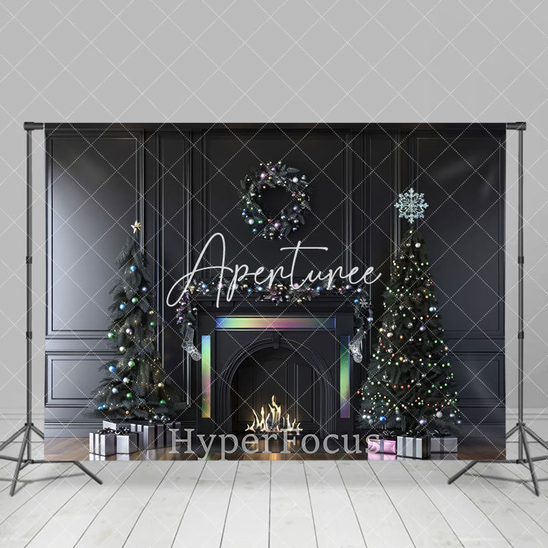 Aperturee - Aperturee Black Wall Colorful Fireplace Christmas Backdrop