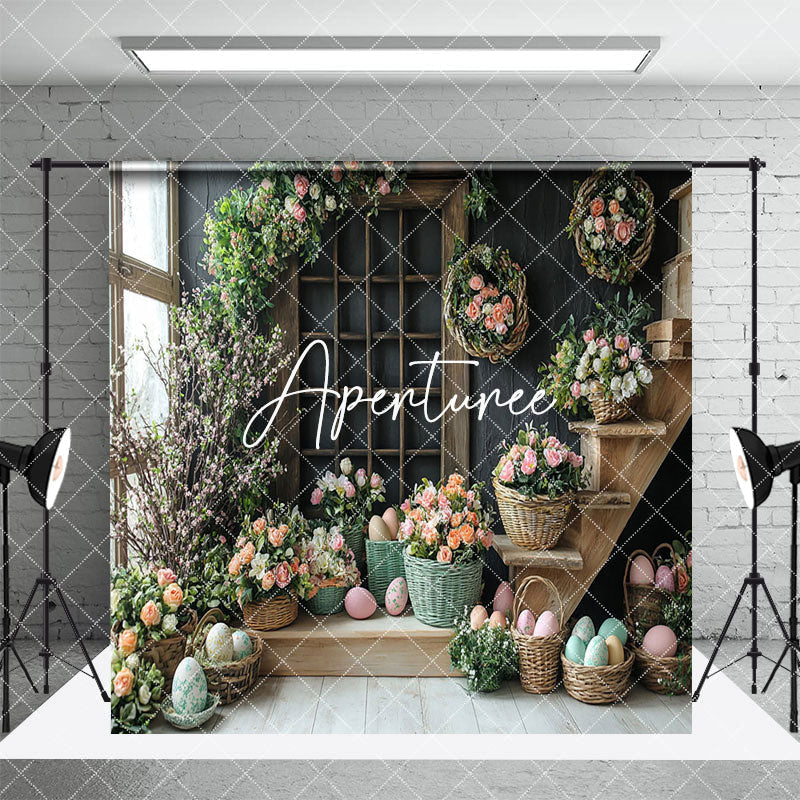 Aperturee - Aperturee Black Wall Floral Bunny Eggs Easter Room Set Backdrop