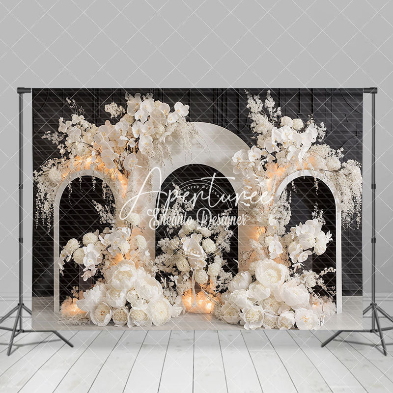 Aperturee - Aperturee Black Wall White Art Floral Arch Wedding Backdrop