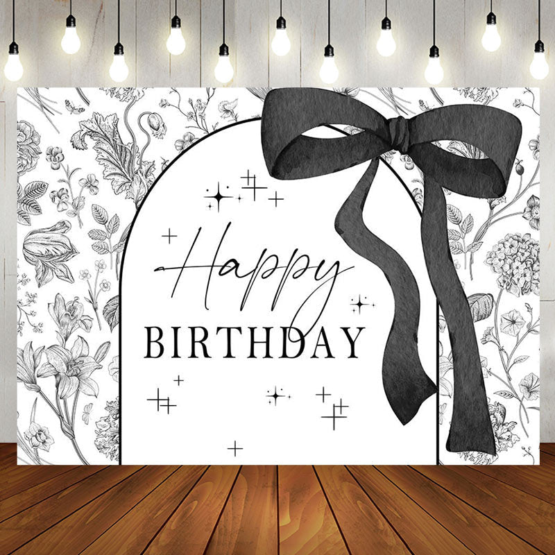 Aperturee - Aperturee Black White Bow Tie Floral Happy Birthday Backdrop