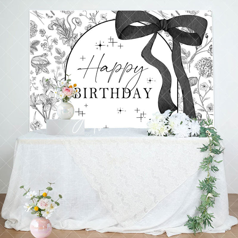 Aperturee - Aperturee Black White Bow Tie Floral Happy Birthday Backdrop