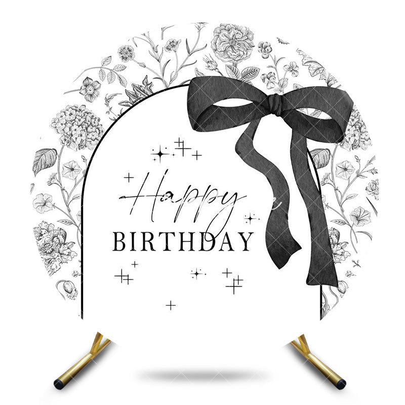 Aperturee - Aperturee Black White Bow Tie Round Happy Birthday Backdrop