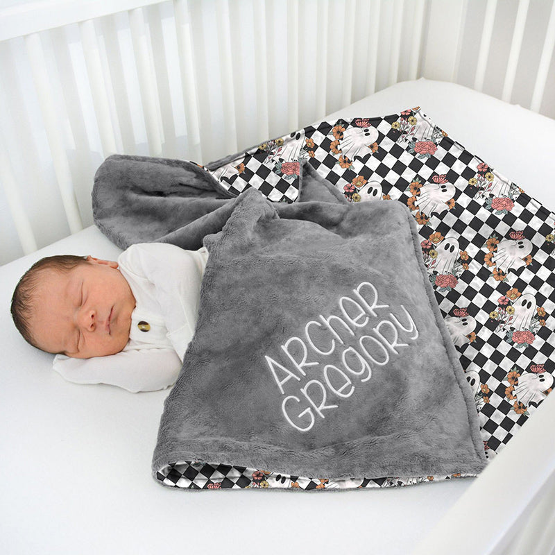 Aperturee - Aperturee Black White Checkered Plaid Boo Minky Baby Blanket