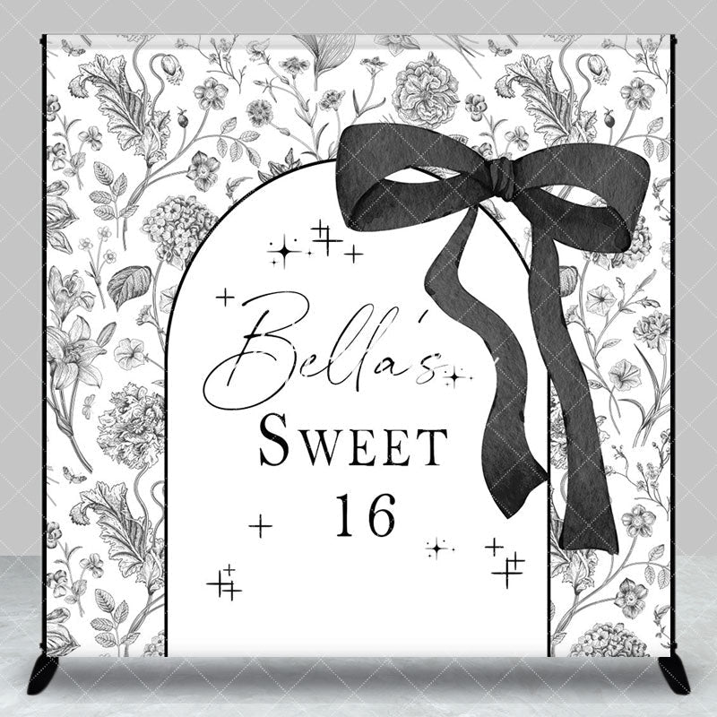 Aperturee - Aperturee Black White Floral Custom Name Sweet 16 Backdrop