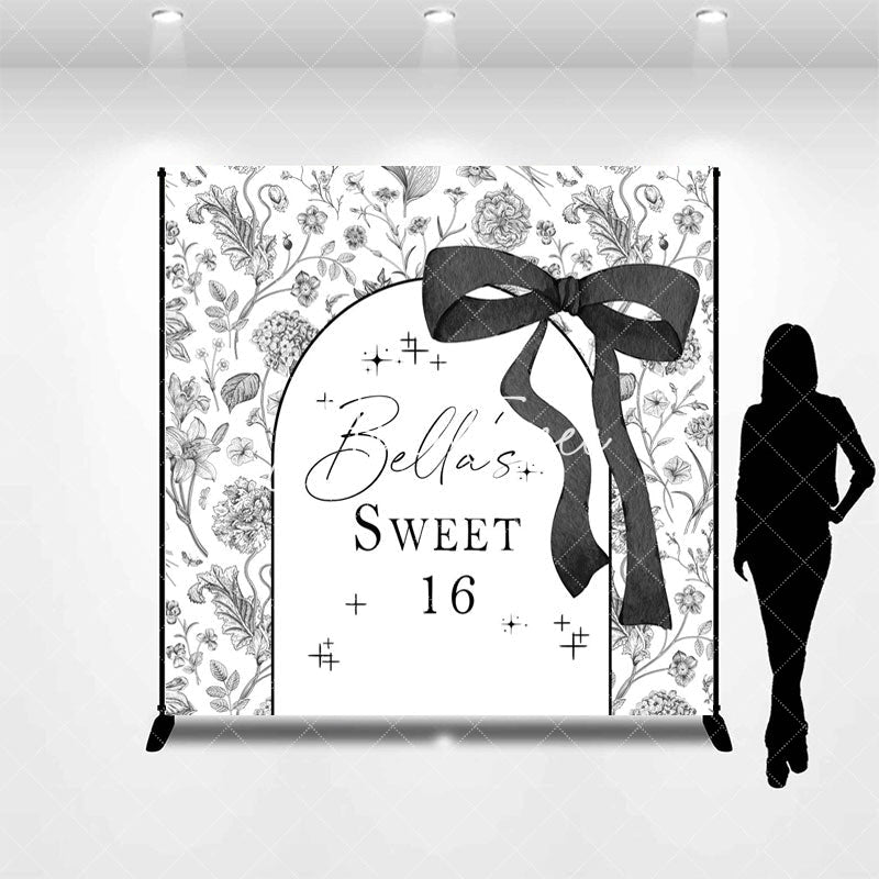 Aperturee - Aperturee Black White Floral Custom Name Sweet 16 Backdrop