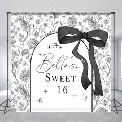 Aperturee - Aperturee Black White Floral Custom Name Sweet 16 Backdrop