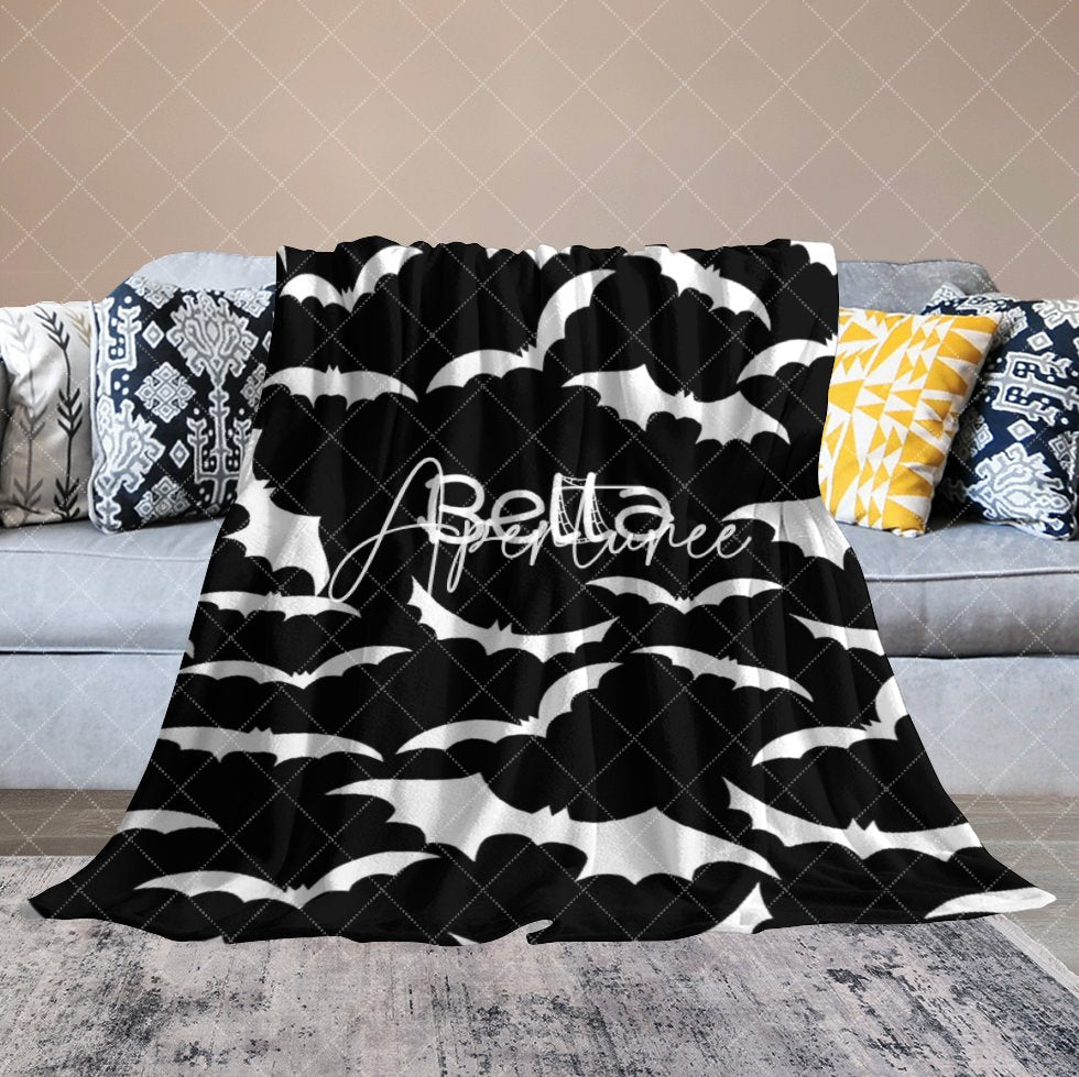 Aperturee - Aperturee Black White Halloween Bat Personalized Name Blanket