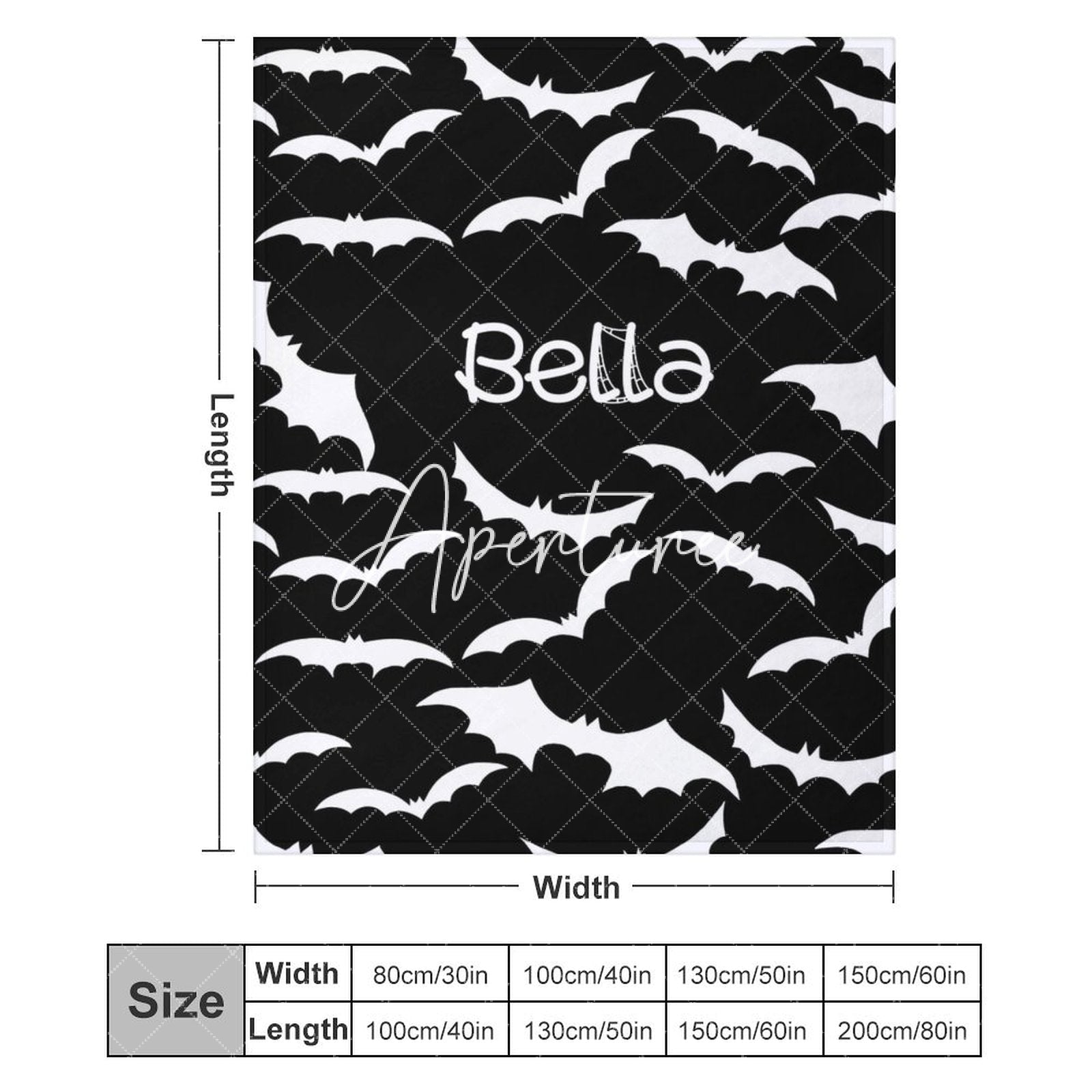 Aperturee - Aperturee Black White Halloween Bat Personalized Name Blanket