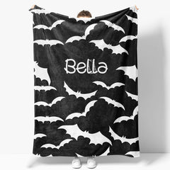 Aperturee - Aperturee Black White Halloween Bat Personalized Name Blanket