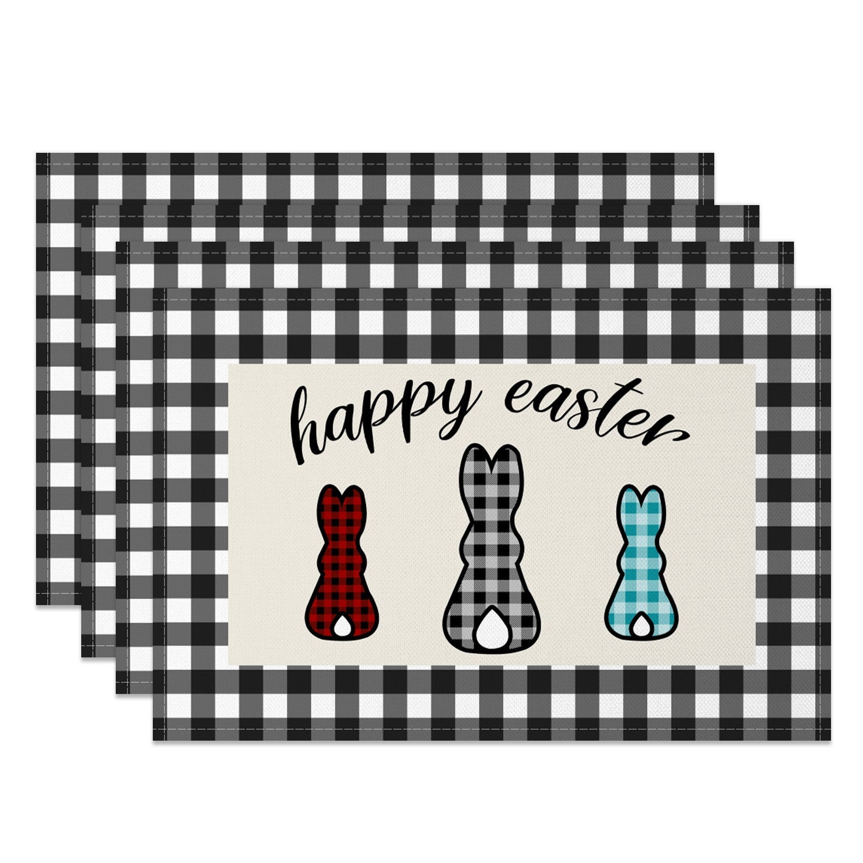 Aperturee - Aperturee Black White Plaid Bunny Easter Set Of 4 Placemats