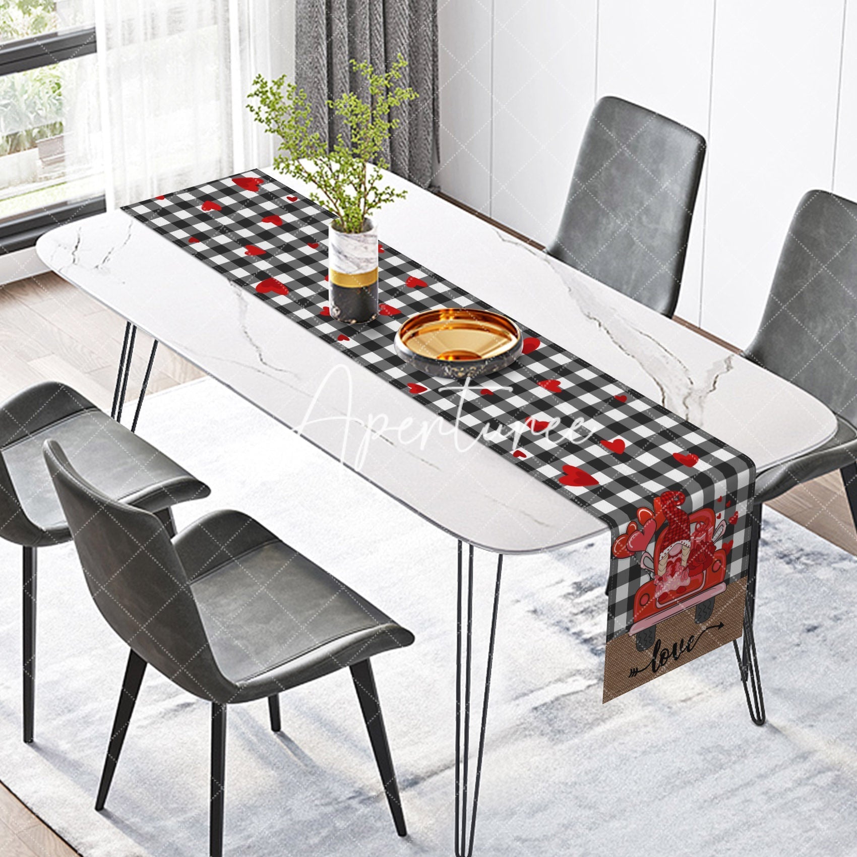 Aperturee - Aperturee Black White Plaid Truck Valentines Day Table Runner