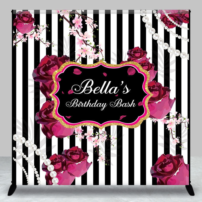 Aperturee - Aperturee Black White Stripe Floral Custom Birthday Backdrop