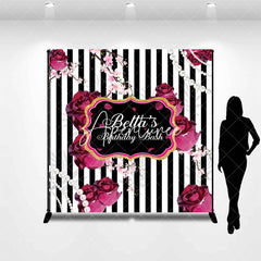 Aperturee - Aperturee Black White Stripe Floral Custom Birthday Backdrop