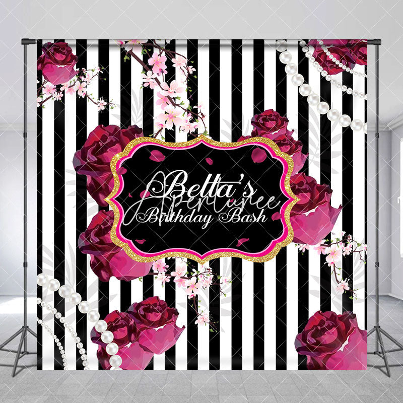 Aperturee - Aperturee Black White Stripe Floral Custom Birthday Backdrop