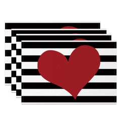 Aperturee - Aperturee Black White Stripe Valentines Day Set Of 4 Placemats