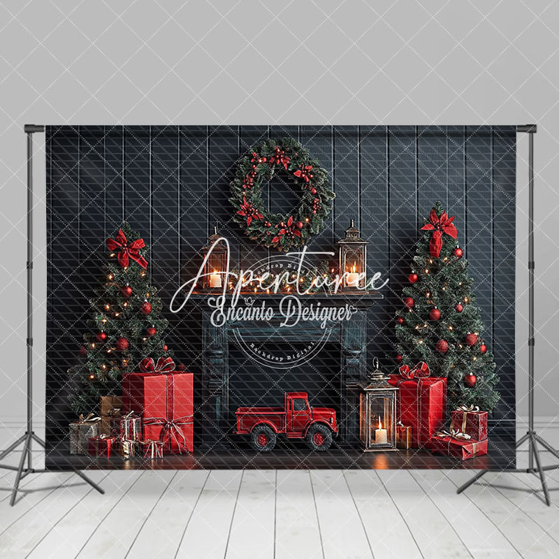 Aperturee - Aperturee Black Wood Wall Red Festive Christmas Vibe Backdrop