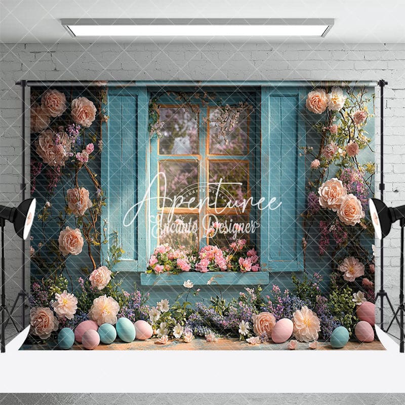 Aperturee - Aperturee Blooming Rose Blue Window Color Eggs Easter Backdrop