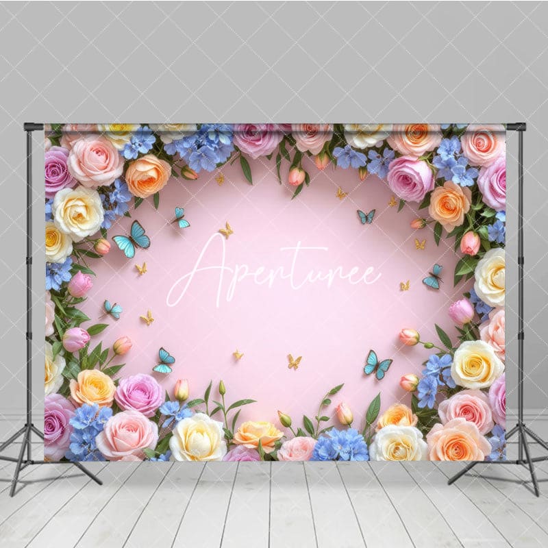 Aperturee - Aperturee Blossom Rose Flower Butterfly Pink Wall Photo Backdrop