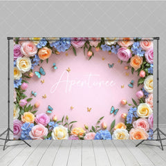 Aperturee - Aperturee Blossom Rose Flower Butterfly Pink Wall Photo Backdrop