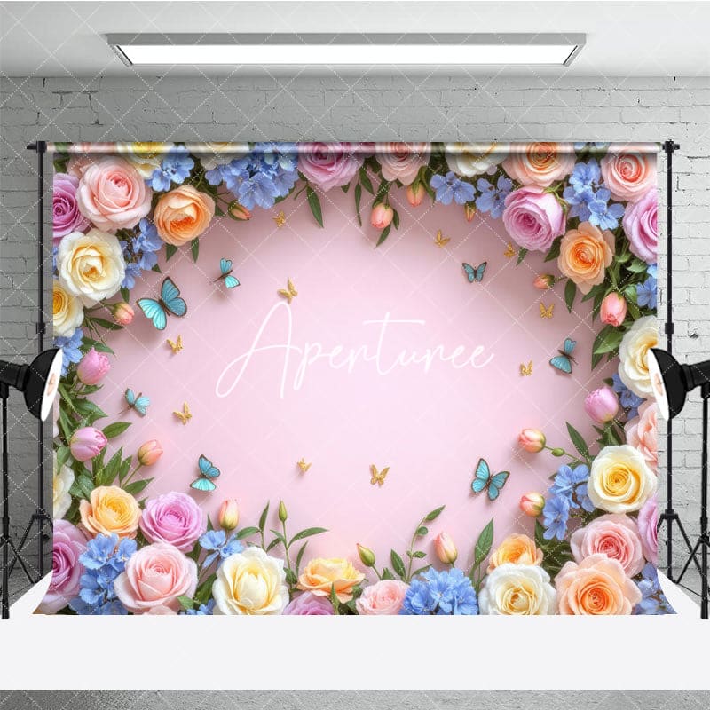 Aperturee - Aperturee Blossom Rose Flower Butterfly Pink Wall Photo Backdrop