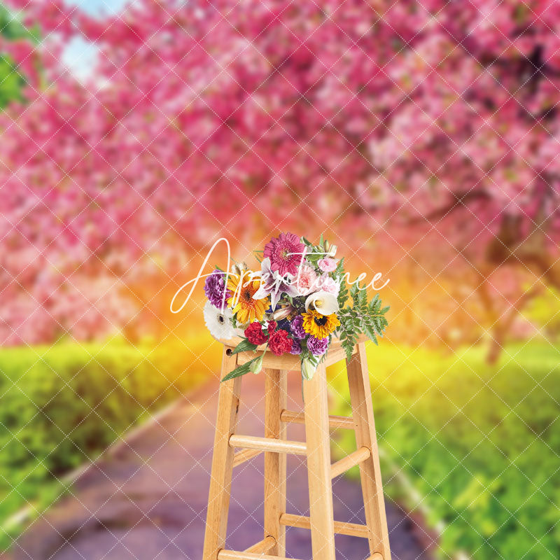 Aperturee - Aperturee Blossoming Pink Garden Path Sunlit Spring Backdrop