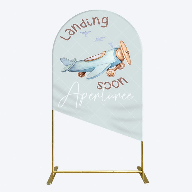 Aperturee - Aperturee Blue Airplane Landing Soon Baby Shower Arch Backdrop