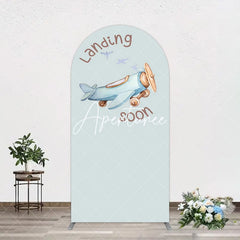 Aperturee - Aperturee Blue Airplane Landing Soon Baby Shower Arch Backdrop