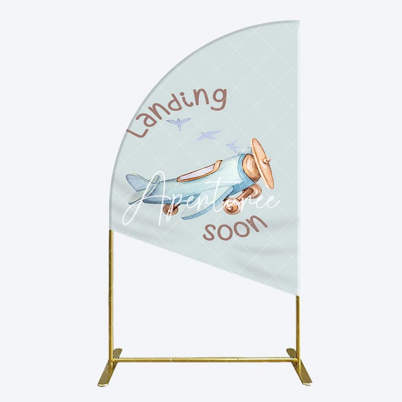 Aperturee - Aperturee Blue Airplane Landing Soon Baby Shower Half Moon Arch Backdrop