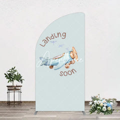 Aperturee - Aperturee Blue Airplane Landing Soon Baby Shower Half Moon Arch Backdrop